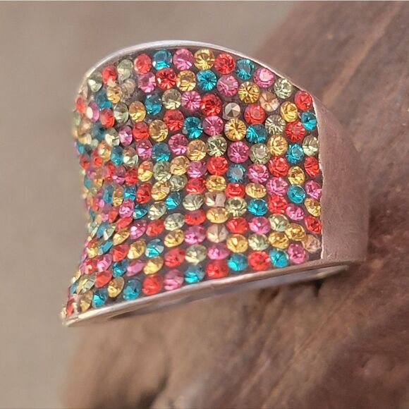 Sterling Anticlastic Multi-Colored Crystal Ring - Picture 1 of 11